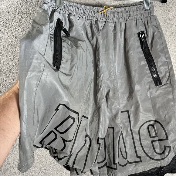 Rhude Shorts Men’s Size XL Silver Reflective Logo Streetwear Athletic Elastic - Picture 5 of 13
